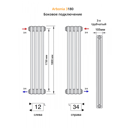 Радиатор Arbonia 3180/8 секций боковое подключение цвет белый RAL 9016 Радиатор Arbonia 3180/8 секций боковое подключение цвет белый RAL 9016